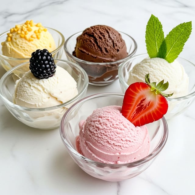 Five clear glass bowls each hold one scoop of ice cream, arranged on a white marbled surface. The front bowl has a single scoop of soft pink ice cream with a half-cut bright red strawberry attached at the top right side. Behind it and to the left is a creamy off-white scoop topped with a plump black blackberry. To the left at the back, a pale yellow scoop is sprinkled with small yellow nut pieces. Behind that, a rich dark chocolate scoop has a textured surface with small air pockets. To the right at the back, a white scoop is decorated with two fresh green mint leaves standing upright. The bowls have scalloped edges and are placed close together to create a colorful and inviting display. photo taken with an iphone --ar 4:5 --v 7