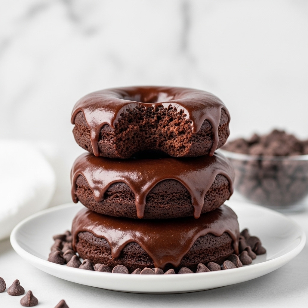A stack of three thick, dark chocolate donuts covered in a shiny, smooth chocolate glaze that drips slightly down the sides. The top donut has a bite taken out of it, revealing a moist, dense, and rich chocolate interior. The donuts are placed on a white plate with scattered dark chocolate chips around the base. The background shows a white marbled texture with a clear bowl of chocolate chips slightly blurred behind the donuts. Photo taken with an iphone --ar 4:5 --v 7