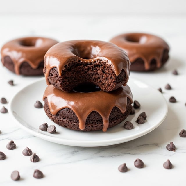 Two rich, dark chocolate donuts sit on a white plate placed on a white marbled surface, each covered with a shiny layer of smooth milk chocolate glaze that drips slightly down the sides. One donut is whole, while the other is stacked on top and has one bite taken out, showing a moist, soft, and dense chocolate crumb inside that is almost blackish-brown. Around the plate and surface, there are scattered small, dark chocolate chips adding texture and color contrast. photo taken with an iphone --ar 4:5 --v 7