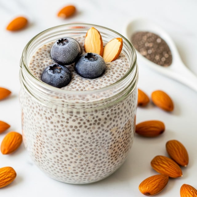 A clear glass jar filled with a creamy beige chia pudding, showing the small, round chia seeds suspended evenly throughout the mixture. On top, there are three dark blue blueberries with a frosty texture and two light tan almond slices nestled beside them. Scattered around the jar on a white marbled surface are several whole almonds in a warm orange-brown color, and in the background, there is a white spoon with chia seeds resting inside it, slightly out of focus. photo taken with an iphone --ar 4:5 --v 7