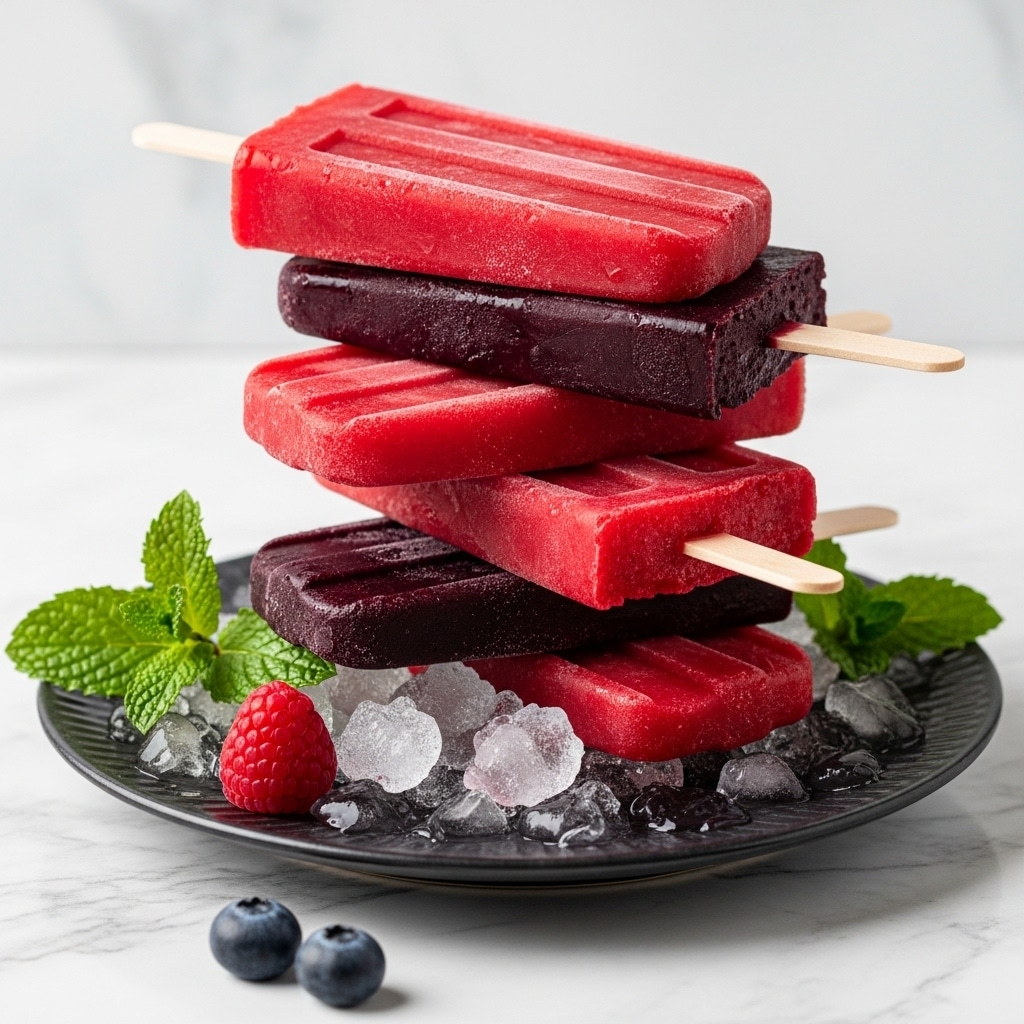 A stack of five popsicles with three bright red ones and two dark purple ones alternately layered, showing a frosty texture and slightly uneven surface hinting at real fruit inside, each held by a wooden stick sticking out at the side. The popsicles are resting on a dark textured plate filled with crushed ice that glistens, with fresh green mint leaves and a single raspberry and two blueberries placed in front, all set against a white marbled surface. photo taken with an iphone --ar 4:5 --v 7