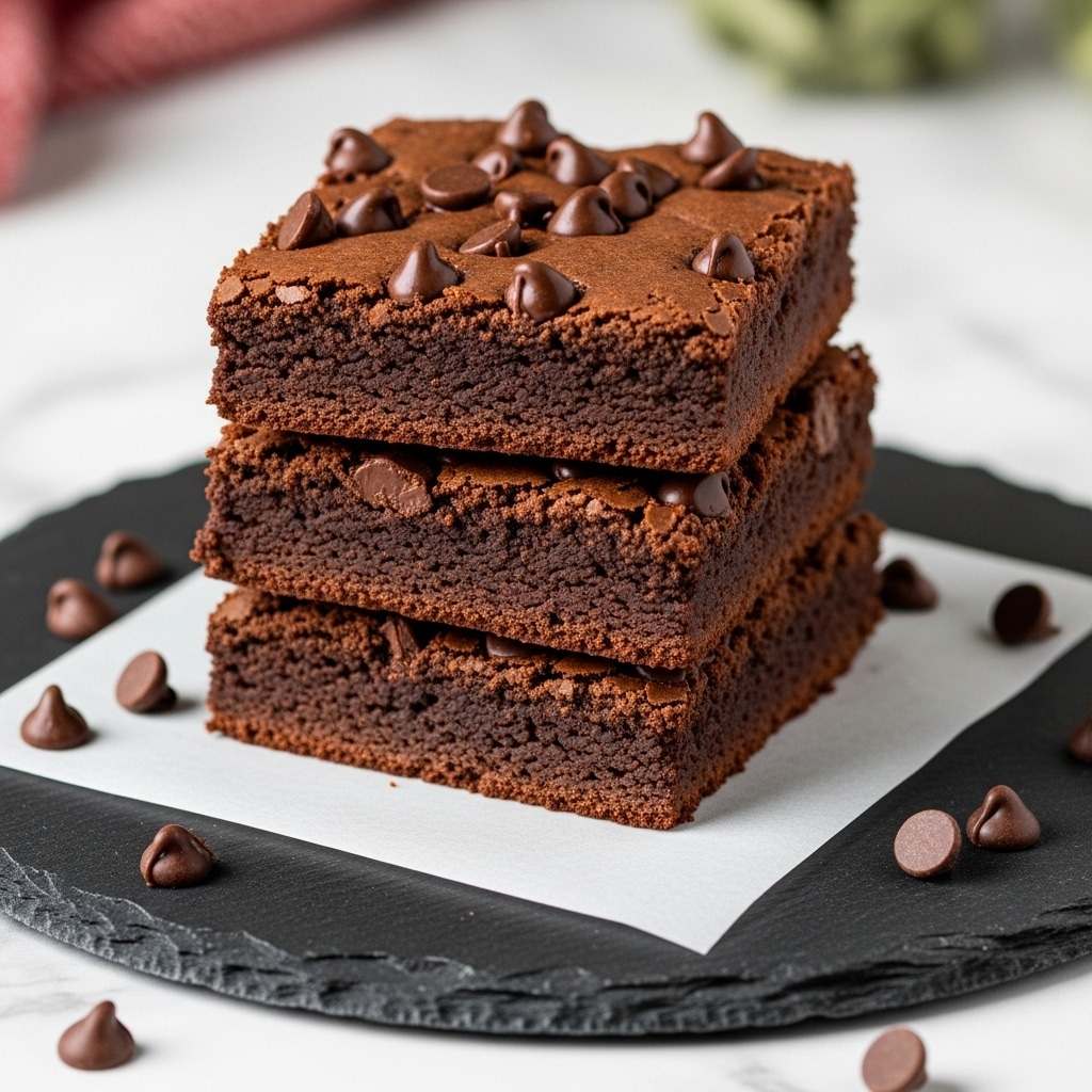 The image shows a stack of three thick, dark chocolate brownies on a white rectangular piece of parchment paper, placed on a round black slate serving board. Each brownie layer is dense and moist with a rich dark brown color, slightly crumbly edges, and a soft texture. The top brownie is adorned with glossy, smooth chocolate chips scattered unevenly, adding visual interest. Around the stack, a few loose chocolate chips sit on the white marbled surface. The background is blurred with hints of red and green colors, enhancing the focus on the brownies. photo taken with an iphone --ar 4:5 --v 7