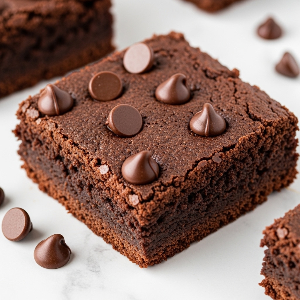 A close-up view of a single thick square piece of dark, moist chocolate brownie with a soft texture and crumbly edges, topped with six shiny, smooth chocolate chips scattered unevenly on its surface. The brownie is placed on a white marbled texture, with a few more chocolate chips lying next to it. In the background, part of another brownie piece is visible, showing a similar dark, rich color and rough texture. The overall palette is deep brown with shiny highlights from the chocolate chips. photo taken with an iphone --ar 4:5 --v 7