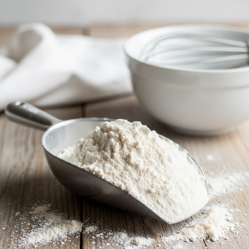 A metal scoop filled with a mound of white flour, showing a fine, powdery texture with some small clumps. The scoop is resting on a worn wooden surface with scattered flour around it. In the blurred background, there is a white cloth and a white mixing bowl with a wire whisk inside it, both placed on the wooden surface. The scene has a soft, natural light that highlights the flour’s texture and the rustic setting. photo taken with an iphone --ar 4:5 --v 7