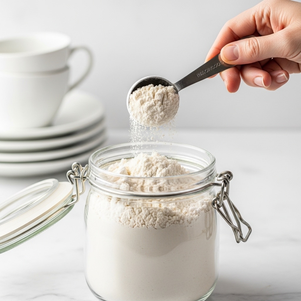 A close-up photo shows a glass jar filled with white flour, with a metal measuring spoon scooping some flour from the top. A woman's hand is holding the spoon. The flour inside the jar looks soft and powdery, almost overflowing. In the background, there are white dishes stacked blurred softly, all placed on a white marbled textured surface. The jar has a metal clasp on the side, adding a bit of shine to the scene. Photo taken with an iphone --ar 4:5 --v 7