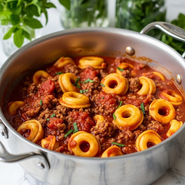 The image shows a close-up of a silver pot filled with rich, thick tomato sauce, mixed with ground meat and stuffed pasta shaped like small rings. The sauce is a deep red color with visible chunks of meat and tomatoes, and the pasta rings are coated in the sauce, a golden-yellow color peeking through. Small bits of green herbs are sprinkled on top, adding a fresh contrast to the hearty sauce. In the blurred background, there are fresh green herbs and jars, all placed on a white marbled surface. photo taken with an iphone --ar 4:5 --v 7