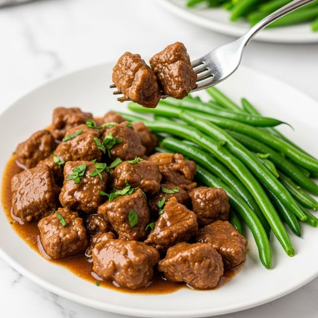 The image shows a white plate with two main parts: a rich brown stew made of tender chunks of meat in thick sauce covering most of the plate and bright green cooked green beans piled neatly on the side. The stew pieces are glossy and sprinkled with chopped fresh green herbs, adding a pop of color. A silver fork holding a bite-sized portion of the stew is lifted above the plate. The background has a white marbled surface, and there is a blurred second plate in the back, suggesting a cozy meal setting. photo taken with an iphone --ar 4:5 --v 7