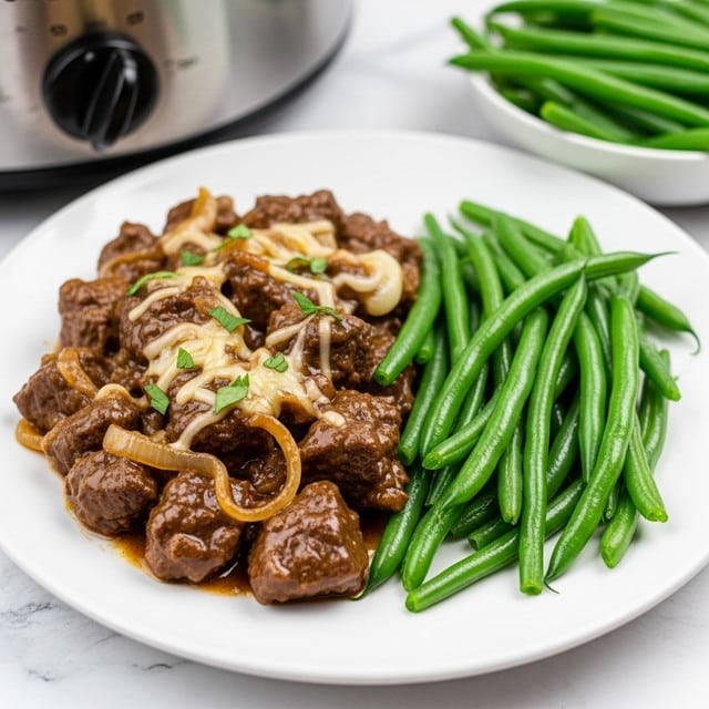 A white plate shows two main parts: on the right side, there is a pile of bright green, cooked green beans with a smooth, shiny texture; on the left side, there is a rich brown beef stew with soft chunks of meat mixed with melted cheese and caramelized onions, covered in a glossy sauce and garnished with small green herb pieces. The plate is placed on a white marbled surface, with a blurred silver slow cooker and a bowl of green beans in the background. photo taken with an iphone --ar 4:5 --v 7