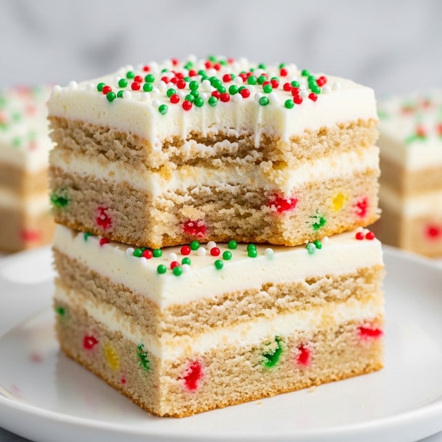 The image shows a close-up of two square cake pieces stacked, with the top piece having a bite taken out of one corner. Each cake piece has two layers: the bottom layer is light beige with colorful tiny red and green specks inside, and the top layer is thick white frosting decorated with small round sprinkles in red, green, and white colors scattered evenly across the surface. The cakes rest on a white plate with a white marbled background. Photo taken with an iphone --ar 4:5 --v 7