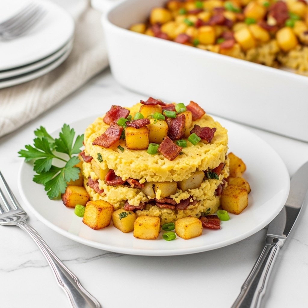The image shows a white plate filled with a layered dish of diced golden-yellow cooked potatoes mixed with crispy browned bacon pieces and small bits of green onions scattered on top. The potatoes have a creamy texture with slight browning, and the bacon adds a reddish-brown crunchy layer throughout. A sprig of fresh green parsley decorates one side of the plate. A silver fork and knife rest next to the plate, placed on a white marbled surface. In the background, a white casserole dish holds more of the same dish, and a stack of white plates is partly visible. photo taken with an iphone --ar 4:5 --v 7