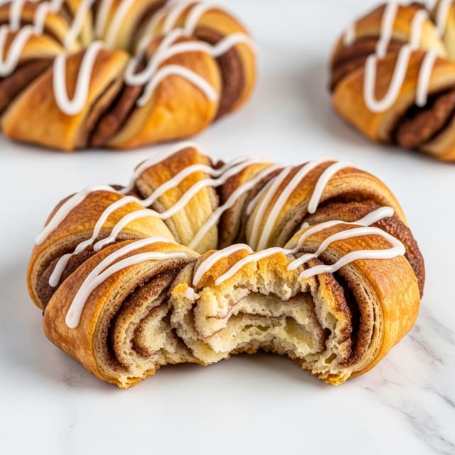 The image shows a close-up of a twisted cinnamon pastry shaped like a ring, sitting on a white marbled surface. The pastry has multiple layers of golden-brown flaky dough intertwined with darker cinnamon filling, revealing soft, airy layers inside where one bite has been taken. The top is drizzled with a thin, white icing in a zigzag pattern. In the background, two more similar pastries sit slightly out of focus on the white marbled surface. Photo taken with an iphone --ar 4:5 --v 7