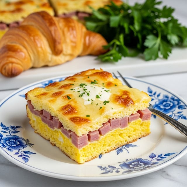 A white plate with blue floral patterns holds a square slice of baked dish made of three main layers: the bottom layer is yellow, fluffy scrambled eggs; the middle layer includes chunks of pink ham mixed into the eggs; the top layer is a melted, slightly browned cheese layer with some white creamy spots and a few green herb flakes sprinkled on top. A silver fork rests on the right edge of the plate. In the background, a golden croissant sits next to fresh green parsley on a white marbled surface, with more baked dish partially visible behind. photo taken with an iphone --ar 4:5 --v 7