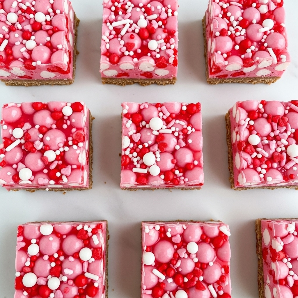 The image shows multiple square pieces of a pink dessert arranged on a white marbled surface. Each square has one visible layer, which is a smooth pink base filled with small white and red candy pieces, including heart-shaped sprinkles and tiny round beads, creating a bumpy texture on top. The pink layer looks glossy and slightly soft, with the white pieces embedded inside and some red decorations scattered across the surface. The squares are evenly spaced with clean edges, showcasing the dessert's bright pink and red color contrast against the light background. photo taken with an iphone --ar 4:5 --v 7