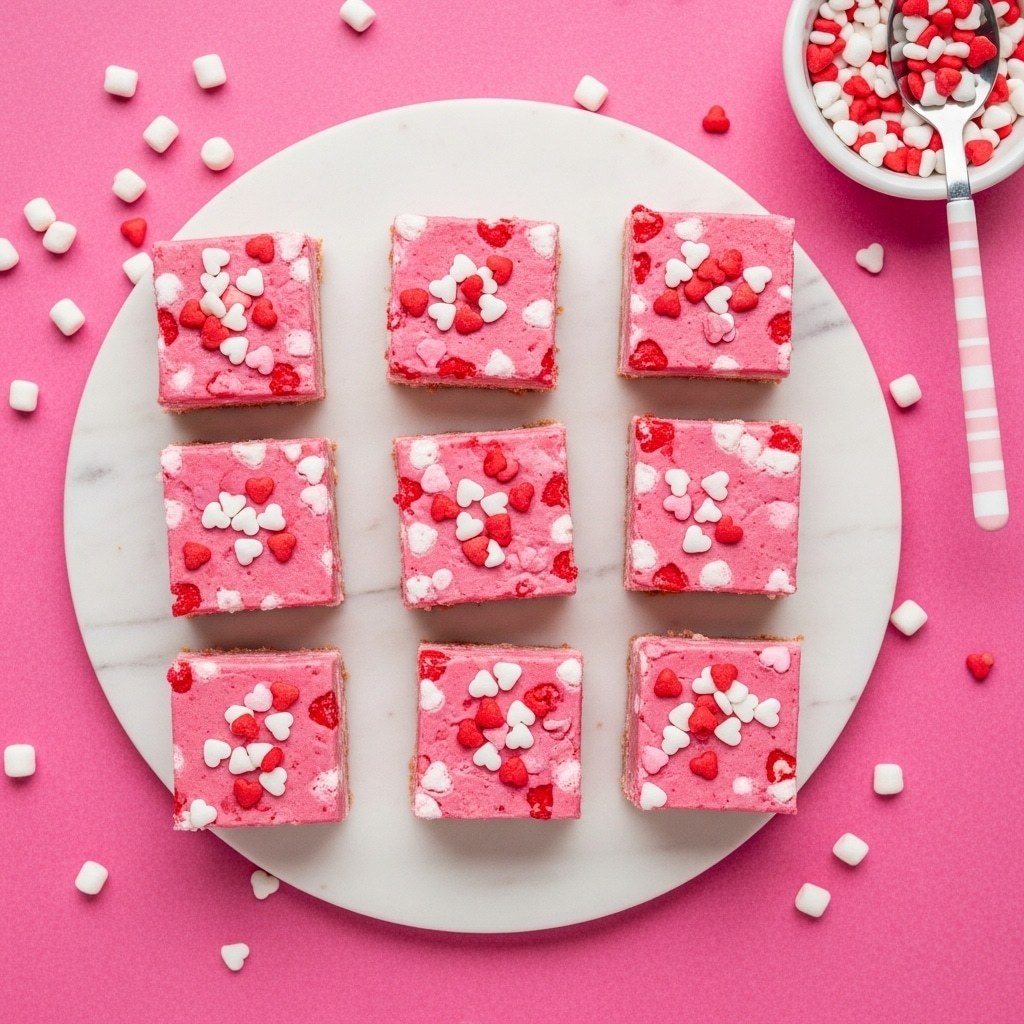 The image shows nine square pink treats arranged in three rows on a round white marble plate. Each treat has a thick, slightly textured pink layer with embedded small white mini marshmallows and is topped with a scatter of small red and white heart-shaped sprinkles. The plate is set against a bright pink surface with scattered mini marshmallows, a small white bowl filled with more heart sprinkles, and a white and pink striped spoon resting beside the bowl. The overall look is colorful, festive, and sweet. photo taken with an iphone --ar 4:5 --v 7