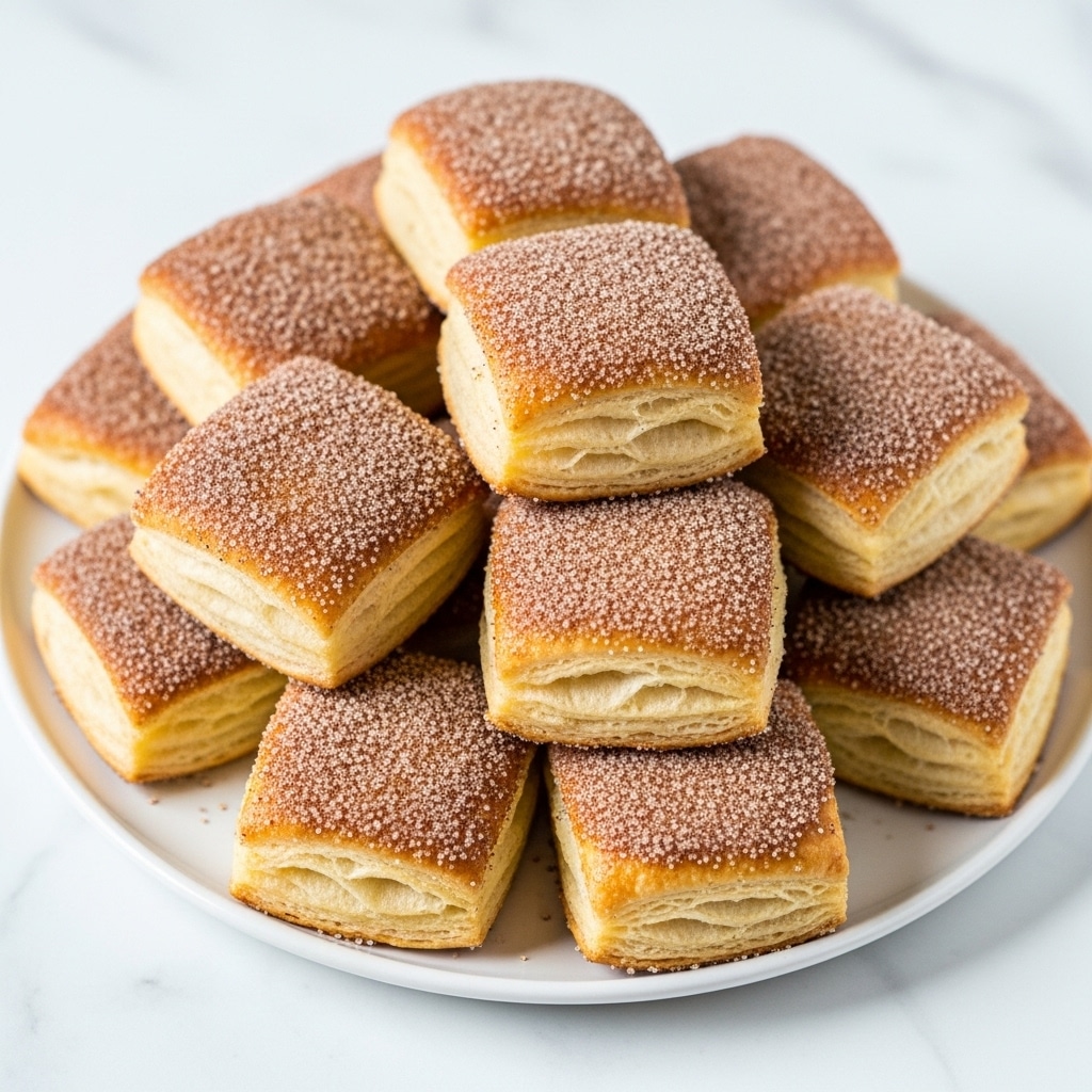 A white plate holds a pile of golden brown, bite-sized cinnamon sugar pastries that have a rough, crumbly texture on the outside with visible layers of flaky dough inside; they look soft and slightly puffy. Behind the plate is a large stainless steel air fryer with a black handle. To the right, there is a glass bottle filled with white milk and two blue and white striped paper straws inside. The whole setup sits on a white marbled surface with a soft focus white tiled wall in the background. Photo taken with an iphone --ar 4:5 --v 7
