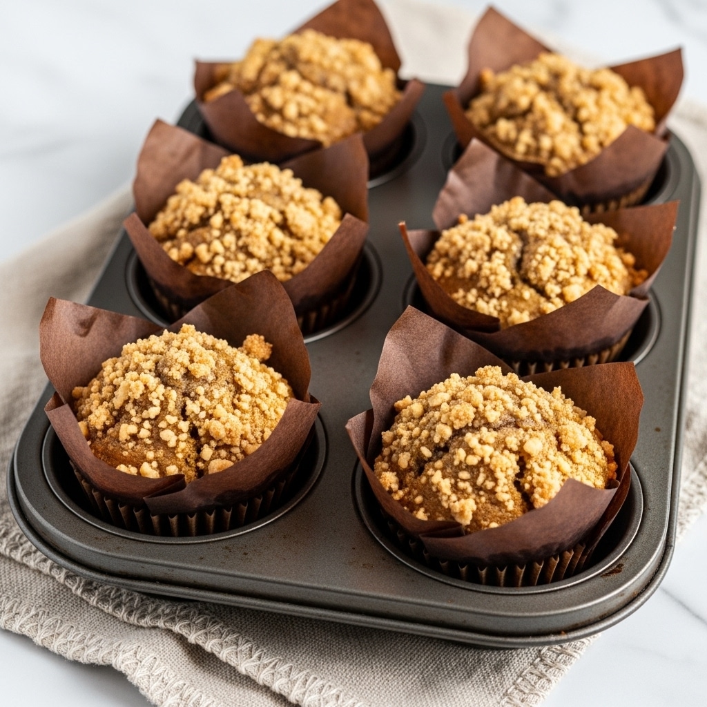 Six muffins with a golden brown color sit in a dark metal muffin tray. Each muffin has a crumb topping that looks crunchy and is made of small nut pieces, adding a rough texture on top. The muffins are in brown paper liners with ridges visible around their sides. The muffin tray rests on a light beige cloth with a stitched-edge design. The whole scene is set against a white marbled texture surface. photo taken with an iphone --ar 4:5 --v 7