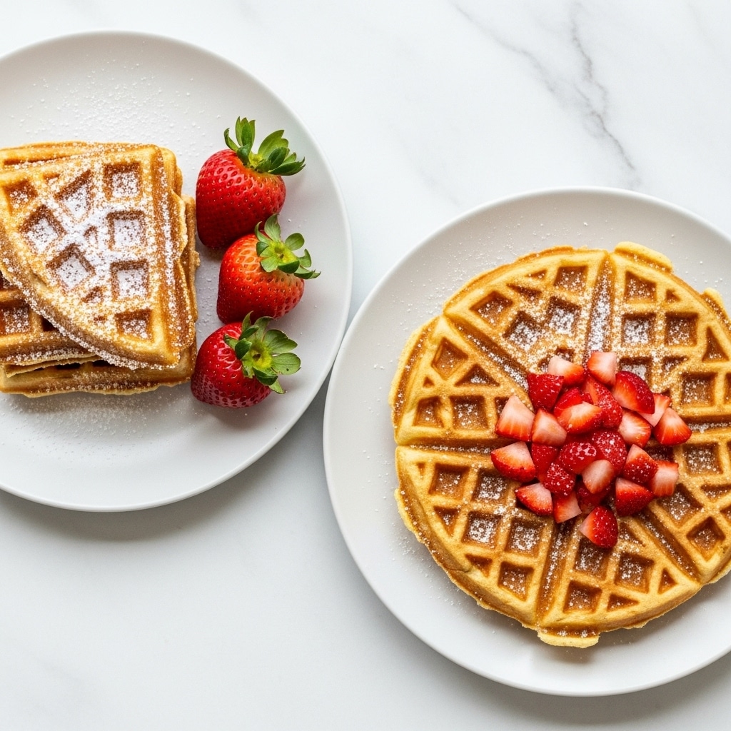 Two white plates sit on a white marbled surface. The plate on the left holds three golden brown waffle quarters stacked neatly, dusted with a fine layer of white powdered sugar. Beside the waffles are three fresh strawberries with green tops, adding a bright red contrast to the warm tones. The plate on the right has a waffle, cut into quarters and arranged in a circular pattern. In the center of the waffle circle are several diced strawberries, all dusted lightly with powdered sugar, creating a clean and inviting look. photo taken with an iphone --ar 4:5 --v 7