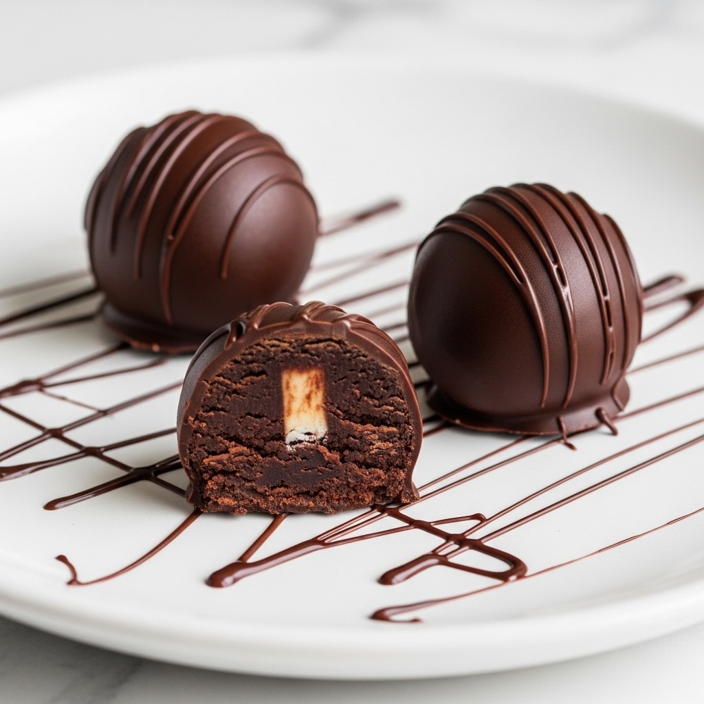 The image shows three round chocolate truffles on a white plate with a white marbled surface underneath. Two whole truffles are smooth and shiny with a dark chocolate coating, each drizzled with thin streaks of chocolate on top, adding texture. One truffle is cut in half in the front, revealing a dark, crumbly center with a lighter cream stripe inside. Around the truffles, there are artistic splashes and lines of melted chocolate on the plate. The whole scene is close up, highlighting the texture and shine of the chocolate. photo taken with an iphone --ar 4:5 --v 7