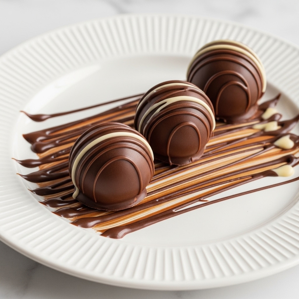The image shows three round chocolate truffles placed in a diagonal line on a white plate with ridged edges. Each truffle has a smooth, glossy dark brown chocolate coating and is decorated with thin, uneven lines of drizzled milk chocolate, giving a delicate texture contrast. Surrounding and underneath the truffles are broad and thin swirls of melted chocolate, creating an artistic, messy pattern on the plate. The plate is set on a white marbled surface that adds an elegant touch. photo taken with an iphone --ar 4:5 --v 7