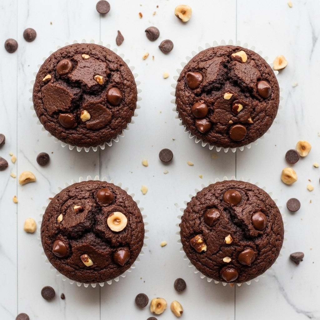 Four chocolate muffins are shown from above, each sitting in a white paper cup with a scalloped edge, placed on a white marbled surface that looks like a wooden table. The muffins are dark brown and have a rough, cracked top texture with visible chocolate chips and small nut pieces embedded in the surface. Around the muffins, there are scattered chocolate chips and chopped nuts adding detail to the scene. photo taken with an iphone --ar 4:5 --v 7