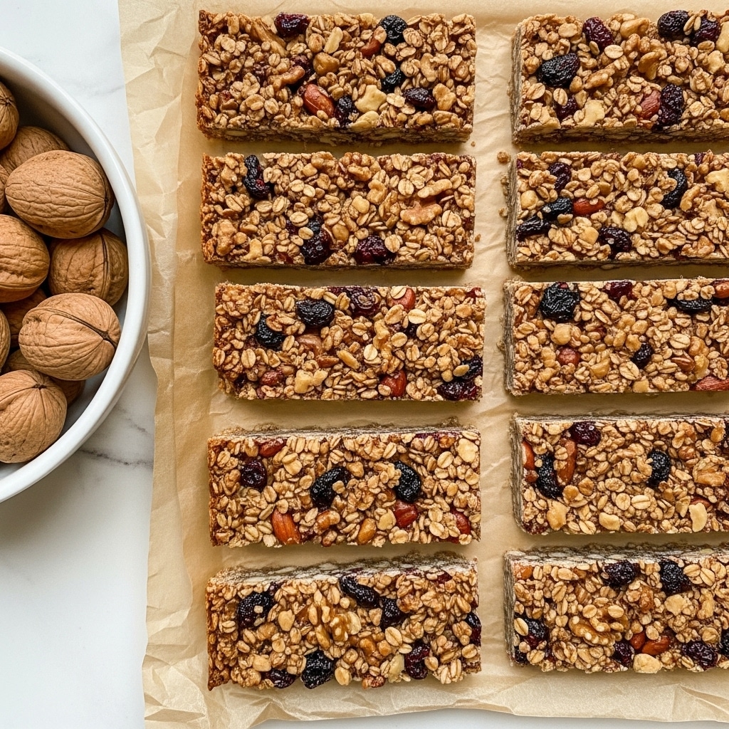 The image shows several rectangular granola bars arranged closely on crumpled light brown parchment paper, placed on a white marbled surface. Each bar has a textured top layer made of visible oats, nuts, and dried berries, giving a mix of light brown, beige, and dark red colors. To the left side, a white bowl filled with whole walnuts is partially visible. The overall look is natural and homemade with warm, earthy tones. Photo taken with an iphone --ar 4:5 --v 7