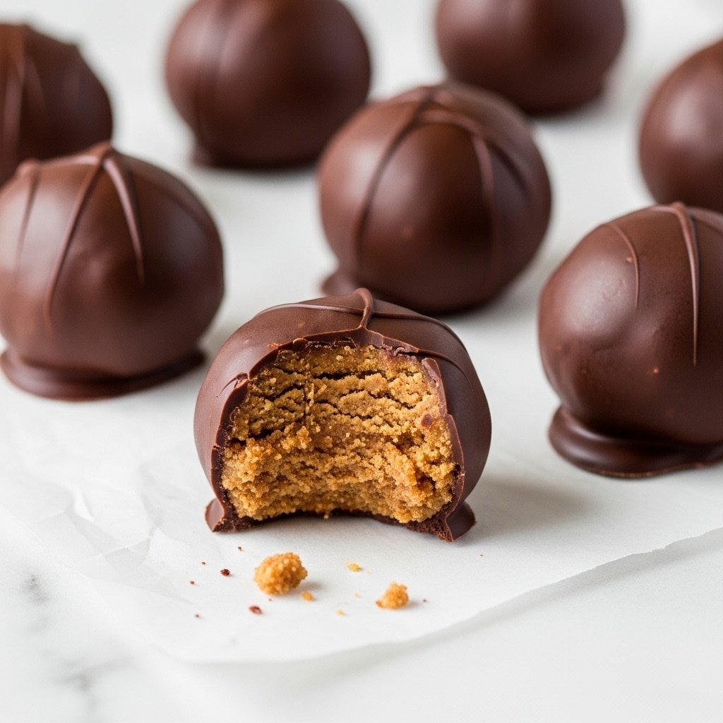 The image shows six round chocolate truffles with a smooth, dark brown outer layer. They are placed on small square pieces of white parchment paper that rest on a wooden surface. In the background, there is a white marbled texture with scattered small chocolate chips and a spoon holding a truffle piece coated in chocolate. The truffles have a matte finish with slight texture from the coating. photo taken with an iphone --ar 4:5 --v 7
