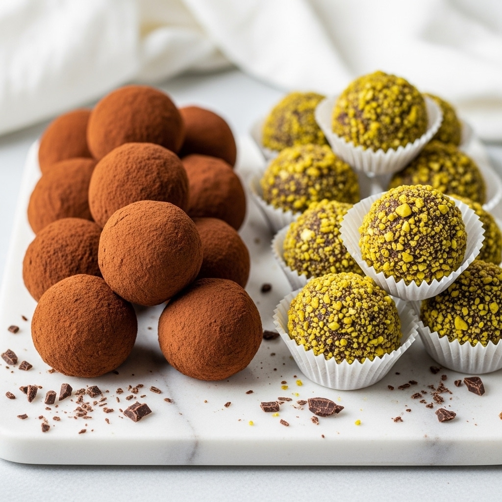 A mix of chocolate truffles on a white marbled surface, some truffles covered in a layer of crushed pistachios showing green and yellow bits, and others coated with a smooth cocoa powder layer giving a rich brown color. Several truffles are placed inside white paper cups scattered around, with broken dark chocolate pieces spread around the truffles on the surface, creating a rustic and tempting look. The truffles are round, about the size of a small ball, and arranged in a loose cluster. photo taken with an iphone --ar 4:5 --v 7