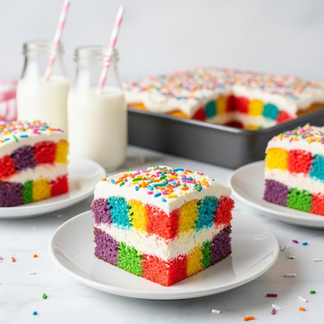 A piece of colorful patchwork cake sits in the center of a white plate on a white marbled surface, showing three layers: the bottom layer is a mix of purple, red, orange, and yellow sponge pieces arranged randomly, the middle layer is a thick white cream, and the top layer is white whipped cream covered with rainbow sprinkles scattered evenly across the surface. In the background, more slices of the same cake are on white plates, and behind them are two glass bottles filled with milk, each with a pink and white striped straw. A baking pan with the remaining cake, topped with white cream and sprinkles, is also visible. The photo taken with an iphone --ar 4:5 --v 7