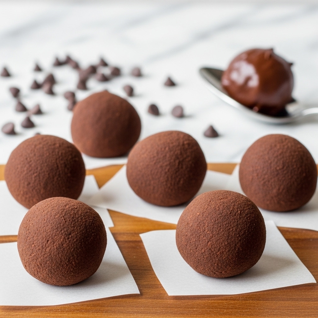 The image shows several round chocolate-covered balls placed on a piece of white parchment paper over a white marbled surface. The balls have a smooth dark brown chocolate outer layer with some slight unevenness in texture. One ball in the front has a bite taken out of it, revealing a dense, light brown, crumbly inner layer that contrasts with the glossy chocolate coating. There are small crumbs and chocolate fragments scattered near the bitten ball, adding detail to the scene. The overall look is simple, clean, and focused on the texture contrast between the chocolate shell and the inner filling. photo taken with an iphone --ar 4:5 --v 7
