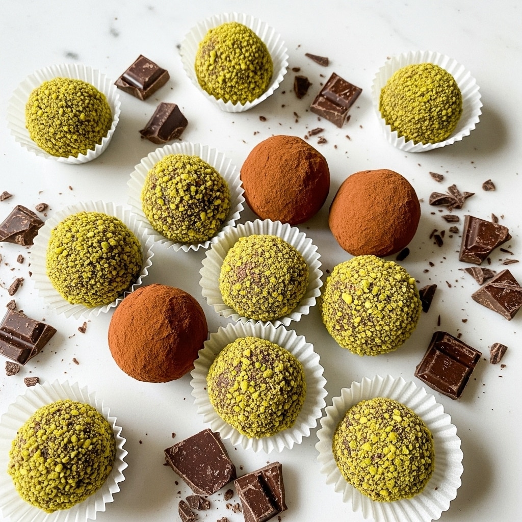 A group of chocolate truffles is arranged on a white marbled board. There are two types of truffles: one type is coated in a smooth, dark brown cocoa powder, creating a velvety texture on the round shapes, while the other type is rolled in chopped greenish-yellow nuts that add a rough texture. Some of the nut-coated truffles sit inside white paper cups. Small chocolate shavings and nut pieces are scattered around the truffles on the board. A white cloth is softly draped in the background. Photo taken with an iphone --ar 4:5 --v 7