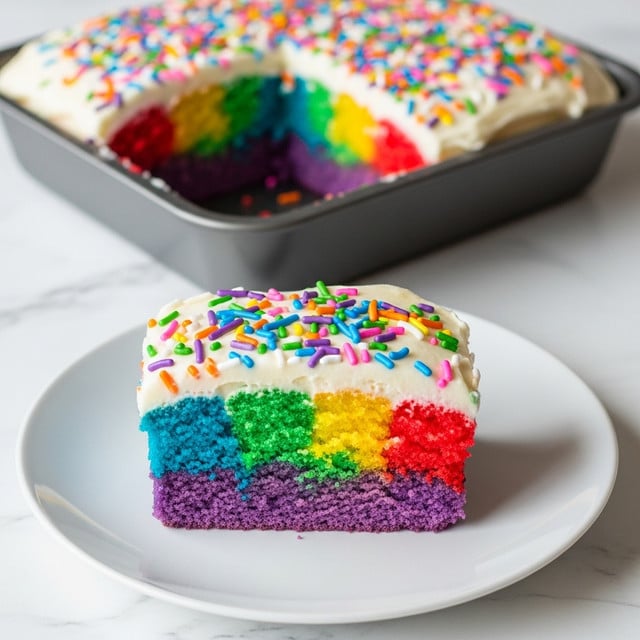 A colorful rectangular slice of rainbow cake sits on a white plate, showing three visible cake layers in bright blue, purple, and red with a hint of yellow and green near the layers. The cake is topped with a thick, smooth layer of white frosting covered with colorful sprinkle rods in orange, green, purple, blue, and pink. Behind the plate, the same cake is in a pan with a large piece missing, showing the full rainbow layers inside. Both the plate and pan rest on a white marbled surface. photo taken with an iphone --ar 4:5 --v 7