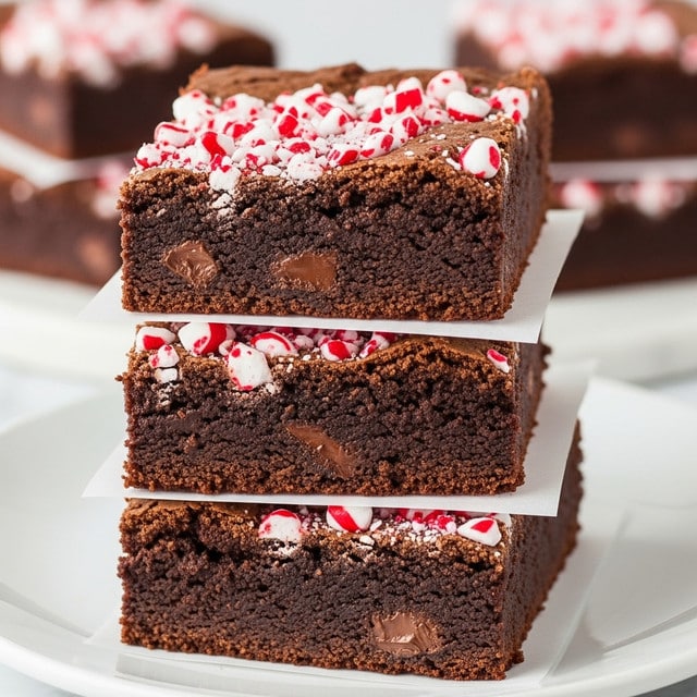 A stack of three thick, rich chocolate brownies is shown on a white plate, each layer separated by a thin piece of white parchment paper. The brownies have a dense, fudgy texture with a dark brown color and visible chunks of chocolate inside. The top brownie is decorated with pieces of crushed red and white peppermint candy, adding a contrast of color and texture. The background features a soft focus with more brownies and a white marbled surface. Photo taken with an iphone --ar 4:5 --v 7