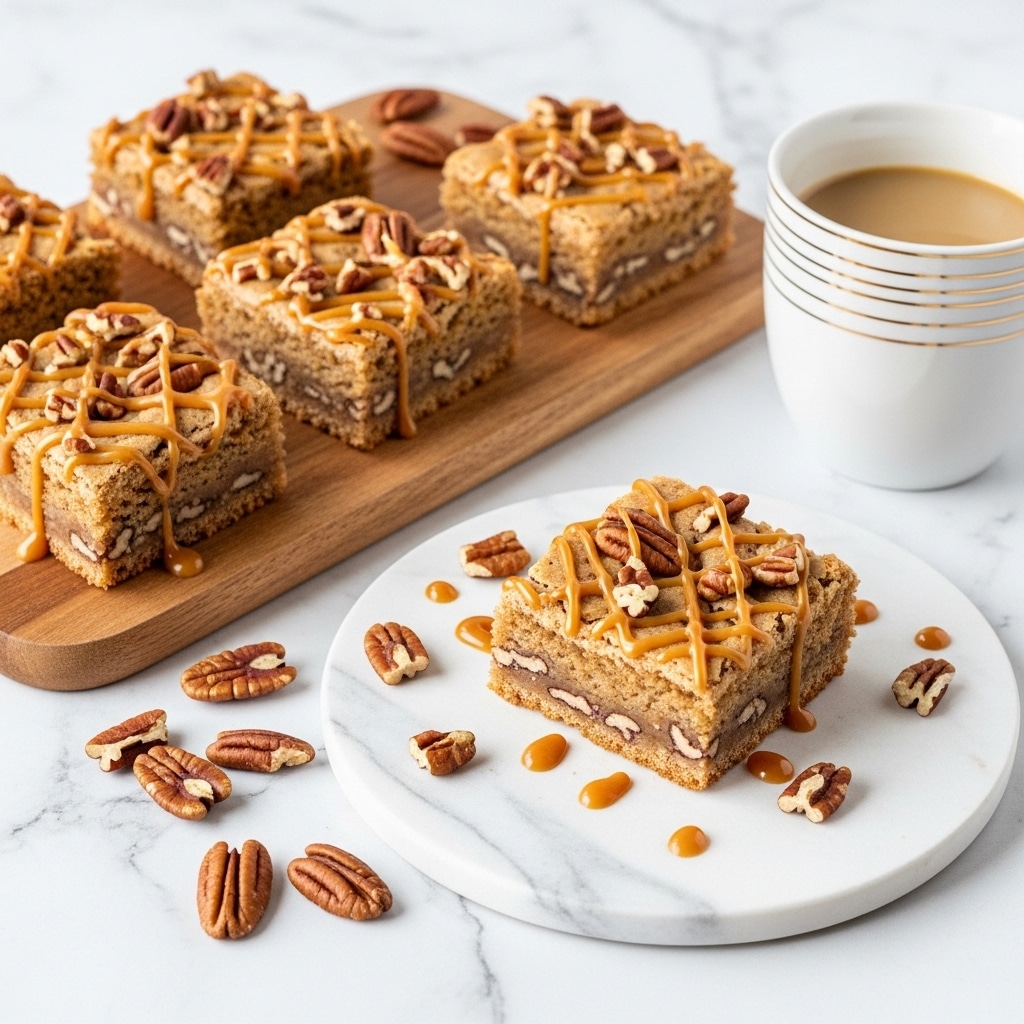 The image shows six square blondie dessert bars topped with chopped pecans and light brown caramel drizzle. Each blondie has a soft, dense texture with visible pecan pieces embedded throughout. Five bars are placed on a wooden board with a light brown finish and one blondie is on a white marbled round plate. The plate has scattered whole and broken pecans around the blondie, with small caramel drizzles on the marble surface. Next to the plate is a white cup with coffee inside, featuring horizontal gold lines near the top. The background is a white marbled texture. photo taken with an iphone --ar 4:5 --v 7