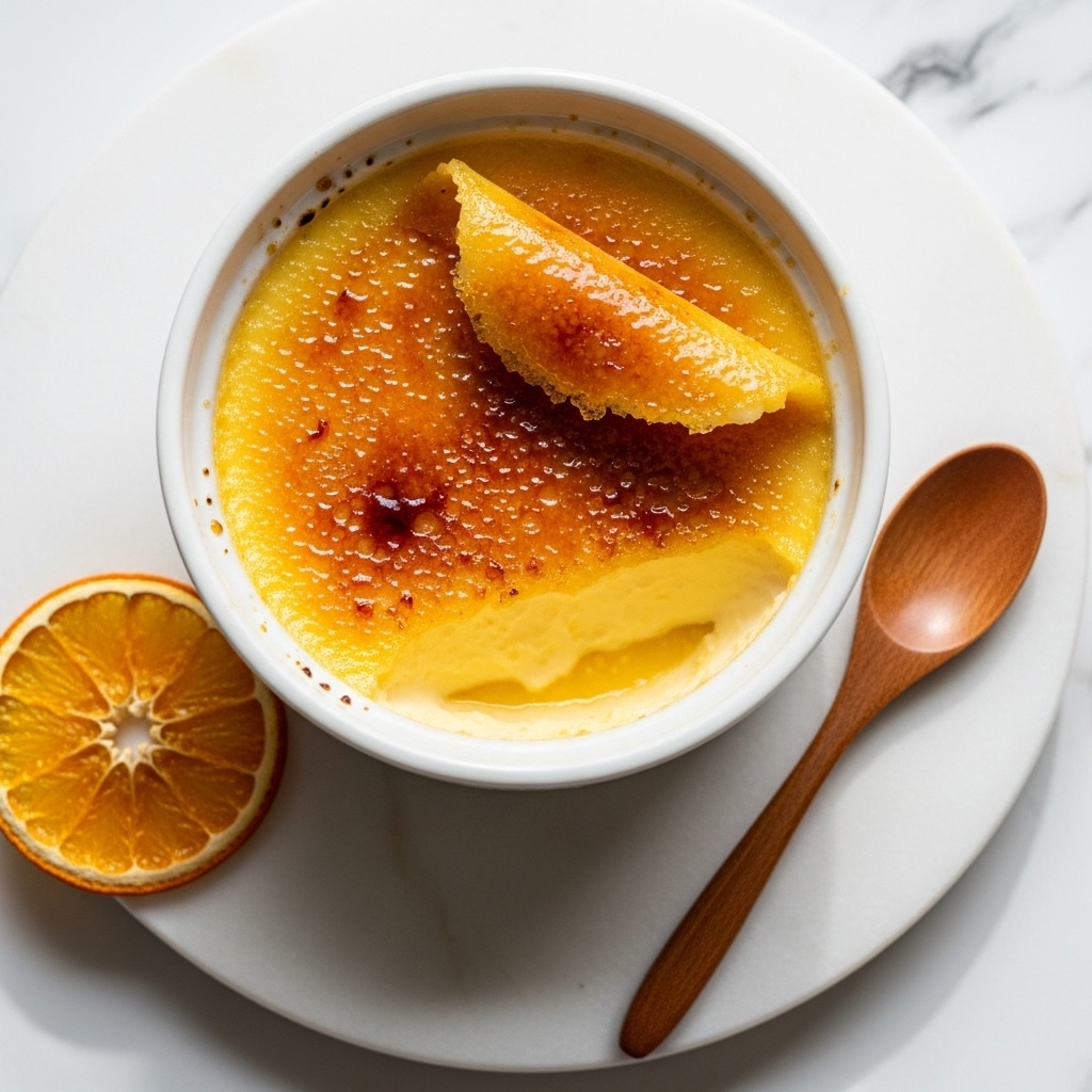 A white ramekin filled with a creamy yellow custard base topped with a thin, caramelized golden-brown sugar layer, partially cracked and peeled back to show the smooth, soft custard underneath; the ramekin sits on a white marbled surface with a dried orange slice and a wooden spoon nearby. photo taken with an iphone --ar 4:5 --v 7