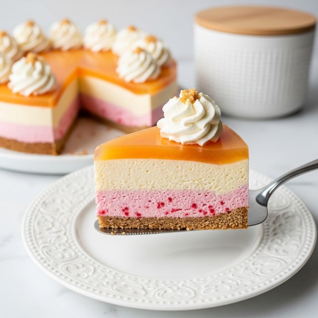 A slice of three-layered mousse cake is held on a silver cake server above a white plate with delicate embossed patterns; the bottom layer is pink with tiny red speckles, the middle layer is creamy yellow, and the top layer is a soft peach color, all sitting on a thin brown crumb crust. A dollop of white whipped cream garnished with golden crumbs sits on top of the peach mousse layer. In the background, the rest of the cake with similar whipped cream dollops on top and a white container with a wooden lid are visible, all placed on a white marbled surface. photo taken with an iphone --ar 4:5 --v 7