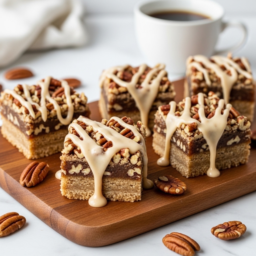 Five square bars sit on a wooden cutting board, each with two visible layers: a light brown, crumbly base topped with a mix of chopped pecans and a smooth, beige glaze drizzled generously over the top, some glaze dripping down the sides. Whole pecans are scattered around the board, adding texture and color contrast. In the background, a white cup filled with coffee sits on a white marbled surface, complementing the warm tones of the dessert. The overall look is cozy and inviting, with a natural wooden board contrasting the creamy glaze and nutty topping. photo taken with an iphone --ar 4:5 --v 7