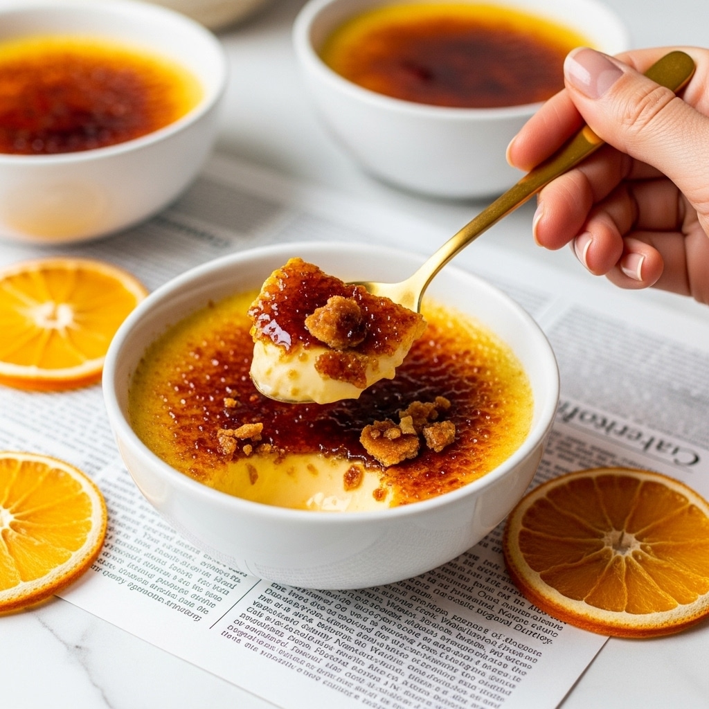 The image shows a close-up of a white bowl filled with crème brûlée, a dessert with a smooth creamy yellow custard base and a shiny caramelized brown sugar crust on top that is cracked open to reveal the soft custard beneath. A golden spoon held by a woman's hand scoops up some of the rich custard along with shards of the crispy caramel layer. The bowl is placed on top of a sheet with printed text and surrounded by slices of dried orange that add a pop of bright orange color to the scene. Other similar bowls of crème brûlée can be seen blurred in the background. The surface beneath everything is a white marbled texture. photo taken with an iphone --ar 4:5 --v 7