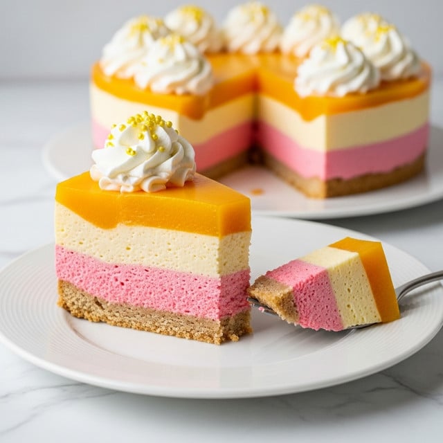 A slice of layered mousse cake sits on a white plate with a subtle swirl design, placed on a white marbled surface. The cake has four distinct layers: a thin, firm light brown base crust; a thick, bright pink mousse layer; a medium, pale yellow mousse layer; and a thick, soft peach mousse layer on top. A dollop of white whipped cream with shiny yellow sprinkles decorates the center of the peach mousse layer. A small piece of the cake is lifted on a fork, showing all the layers clearly. In the background, the whole cake with similar layers and a white whipped cream topping is slightly out of focus. Photo taken with an iphone --ar 4:5 --v 7