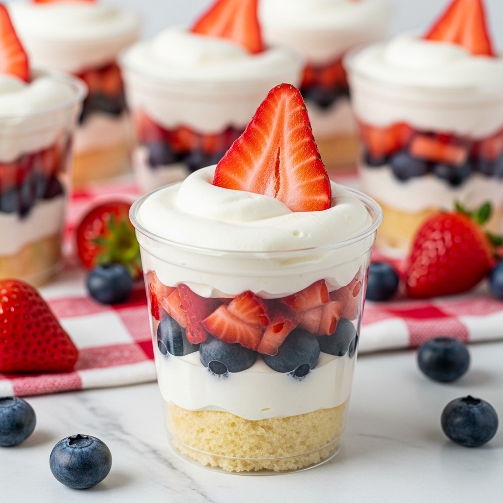 The image shows a clear plastic cup with three visible layers from bottom to top: light beige cake pieces, a mixed layer of red chopped strawberries and dark blue blueberries, and a thick layer of white whipped cream on top. A bright red strawberry slice stands upright tall in the whipped cream layer. In the background, there are more identical cups, slightly out of focus, and fresh whole strawberries and blueberries scattered on a red and white checkered cloth. The whole scene sits on a white marbled surface, giving a clean and fresh look. photo taken with an iphone --ar 4:5 --v 7