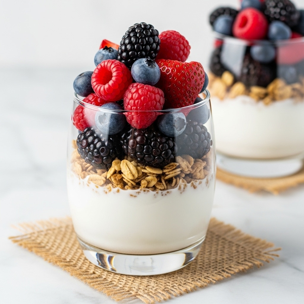 The image shows a clear glass cup with three main layers: the bottom layer is white creamy yogurt, the middle layer is golden brown crunchy granola mixed with blackberries visible through the glass, and the top layer is a mix of fresh red raspberries, strawberries, dark blackberries, and deep blue blueberries, piled high above the rim. The glass sits on a rough brown burlap square which rests on a white marbled surface, with a blurred second glass of the same dessert in the background. Photo taken with an iphone --ar 4:5 --v 7