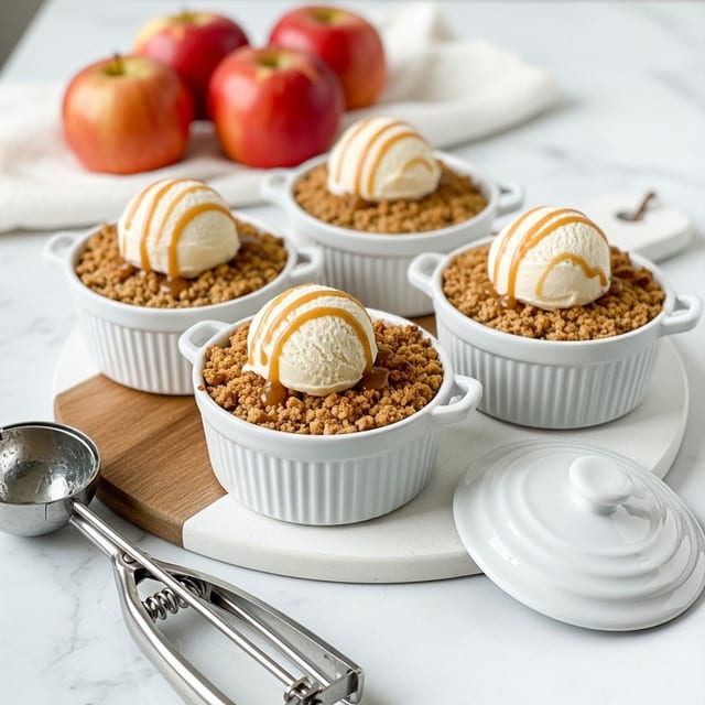 Four white small casserole dishes sit on a round white and wooden cutting board, each filled with a crumble dessert that has a rough textured golden-brown topping. On top of each crumble, there is a smooth, round scoop of vanilla ice cream drizzled with light caramel sauce. A silver ice cream scooper lies on the white marbled surface next to the board, and in the blurred background, there are three red apples resting on a white cloth. One white casserole lid is placed on the surface beside the board. The overall setting is bright with soft natural light, highlighting the crispy texture of the crumble and creamy ice cream. photo taken with an iphone --ar 4:5 --v 7
