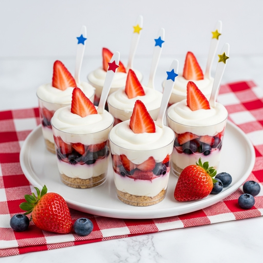 The image shows six clear plastic cups filled with a colorful layered dessert, arranged in two rows on a white plate. Each cup has four layers: a crumbly light brown base, a bottom layer of white creamy texture, a middle layer of small red strawberry pieces mixed with dark blue blueberries, topped with a thick layer of white whipped cream. Each cup is decorated with a single triangular red strawberry slice placed upright on top of the whipped cream. White plastic spoons with small, colorful star stickers—red, blue, and gold—are placed inside each cup, leaning slightly backward. The plate is on a red and white checkered cloth, with two whole strawberries and two blueberries resting beside it, all on a white marbled surface. photo taken with an iphone --ar 4:5 --v 7