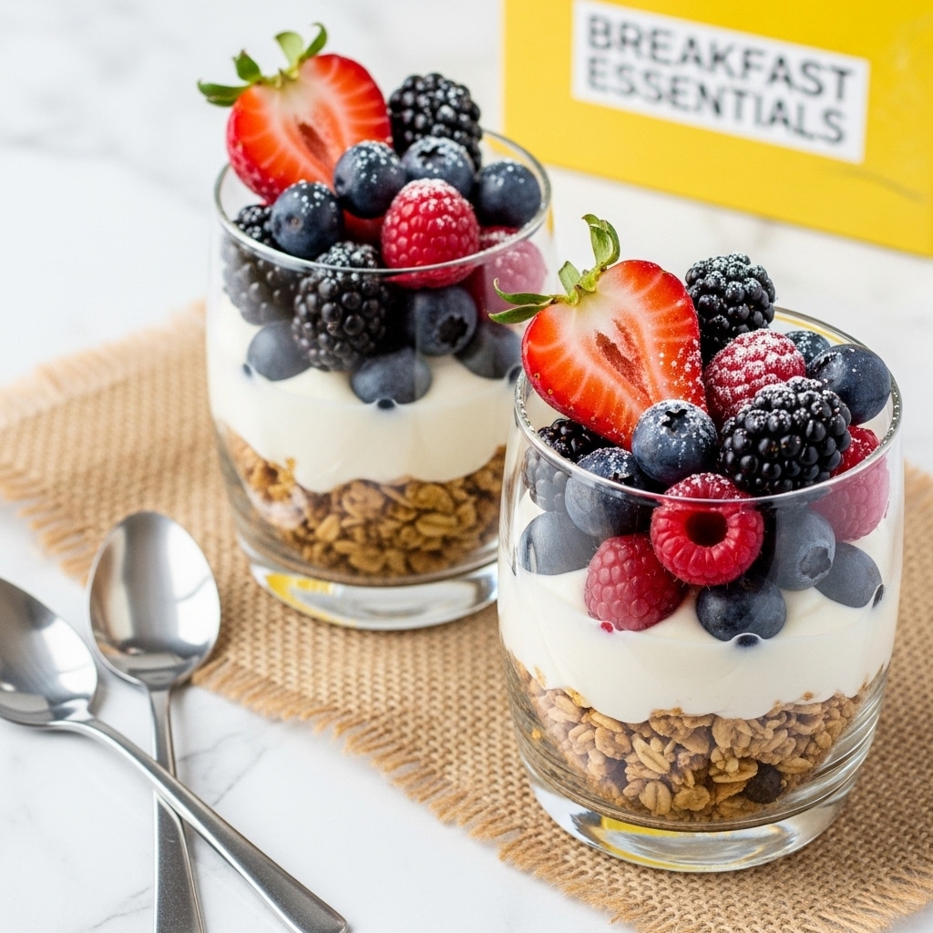 Two clear glass cups each contain three layers: a bottom layer of light brown granola with a crunchy texture, a middle layer of creamy off-white yogurt, and a top layer of fresh mixed berries including bright red strawberries cut into halves, dark blackberries, deep red raspberries, and dark blue blueberries, all sprinkled lightly with white powdered sugar. The cups sit on a piece of light brown burlap fabric on a white marbled surface, with two shiny silver spoons placed to the left. In the background, there is a yellow box labeled “Breakfast Essentials.” photo taken with an iphone --ar 4:5 --v 7