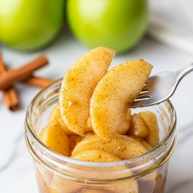 A close-up image of a clear glass jar filled with thick slices of cooked apple coated in a golden cinnamon sauce, showing visible specks of cinnamon throughout. A silver fork is lifting one apple slice out of the jar. In the blurred background, there are green apples and a few cinnamon sticks against a white marbled surface. photo taken with an iphone --ar 4:5 --v 7
