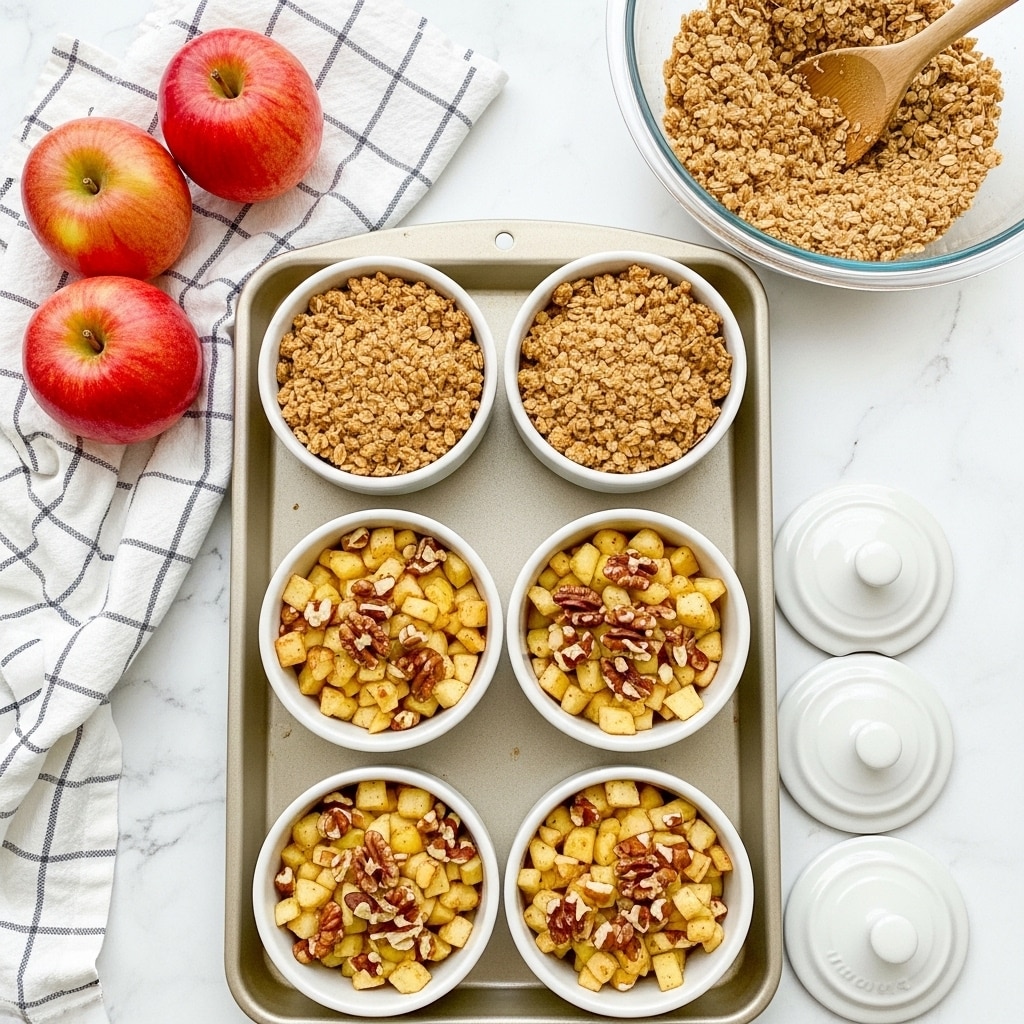 The image shows six small white ceramic baking dishes placed on a beige baking tray with three rows of two. The bottom three dishes are filled with a mix of light yellow diced apples and brown chopped nuts, while the top three dishes are topped with a layer of golden brown oat crumble. Near the tray, there are three whole red apples resting on a white cloth with a checkered pattern, and a clear glass mixing bowl at the top right corner holds leftover oat crumble with a wooden spoon inside. Two white ceramic lids are positioned near the bottom right of the tray. The background is a white marbled texture. photo taken with an iphone --ar 4:5 --v 7