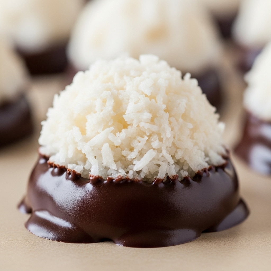 The image shows a close-up of a small, dome-shaped dessert with two visible layers. The bottom layer is dark, glossy, and smooth melted chocolate that slightly pools around the base. The top layer is a rough-textured, off-white shredded coconut mound that has a soft and fluffy appearance. The dessert sits directly on a light tan surface, and there are blurred similar desserts in the background. The overall look is clean and simple with a focus on the contrast between the dark chocolate and white coconut. Photo taken with an iphone --ar 4:5 --v 7