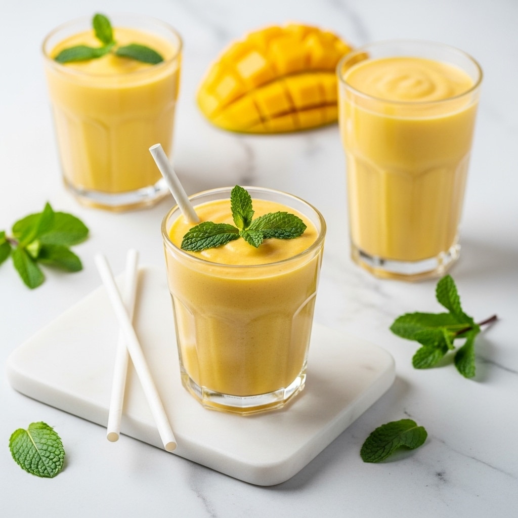 Three glasses filled with thick, creamy yellow mango smoothie sit on a white marbled surface. The closest glass is centered on a small white marble board, topped with a sprig of fresh green mint leaves and a white straw placed at an angle. Behind it, two more glasses are visible, one slightly taller and placed on the right side resting directly on the white marble surface, and the other on the left side further back. Scattered green mint leaves add a fresh touch around the glasses, with two extra white straws lying on the marble board next to the front glass. The whole scene is bright and clean, highlighting the smooth texture and vibrant yellow color of the mango smoothie. Photo taken with an iphone --ar 4:5 --v 7