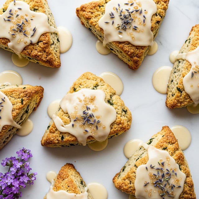 The image shows several triangular scones with a rough, golden-brown crust placed on a white marbled surface. Each scone has a textured top layered with a light glaze, appearing creamy white with a smooth, slightly shiny finish that drips over the edges. Some scones have coarse sugar crystals sprinkled on top and small green herb pieces embedded in the dough. The scones' texture looks crumbly and flaky with soft insides visible at the edges. Small puddles of the glaze surround some scones, and a cluster of small purple flowers is visible at the bottom left corner. photo taken with an iphone --ar 4:5 --v 7