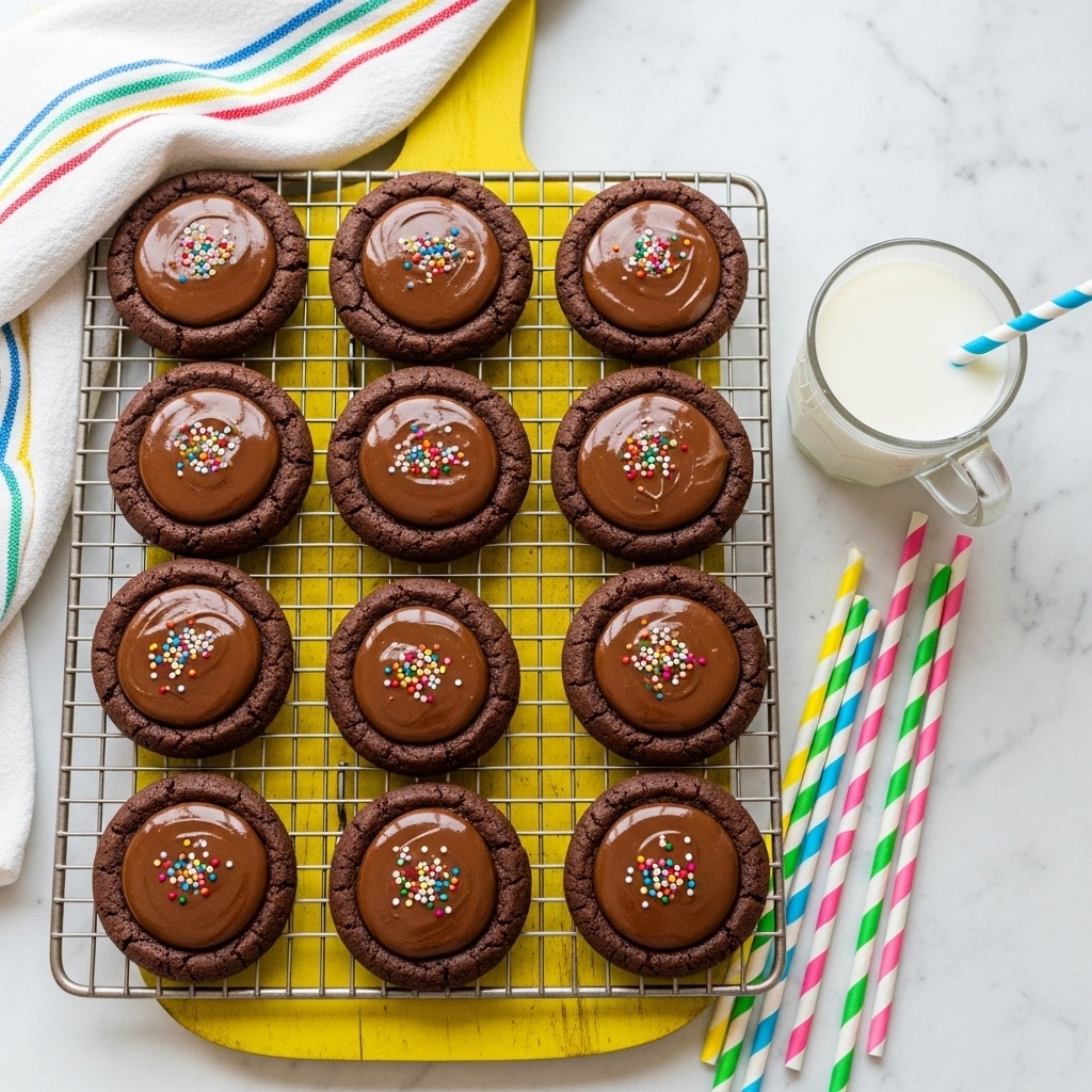 The image shows eleven round chocolate cookies with a thick crust, each topped with a smooth layer of melted chocolate in the center. On top of the chocolate layer, there are small round colorful sprinkles scattered evenly. The cookies are placed on a metal cooling rack, set on a white marbled surface with a bright yellow wooden board underneath. On the right side, there is a white glass cup filled with milk along with a blue and white striped straw inside the cup. At the bottom right corner, several colorful paper straws are lying next to the board. A white towel with blue, yellow, green, and red stripes is partially visible on the top left. photo taken with an iphone --ar 4:5 --v 7