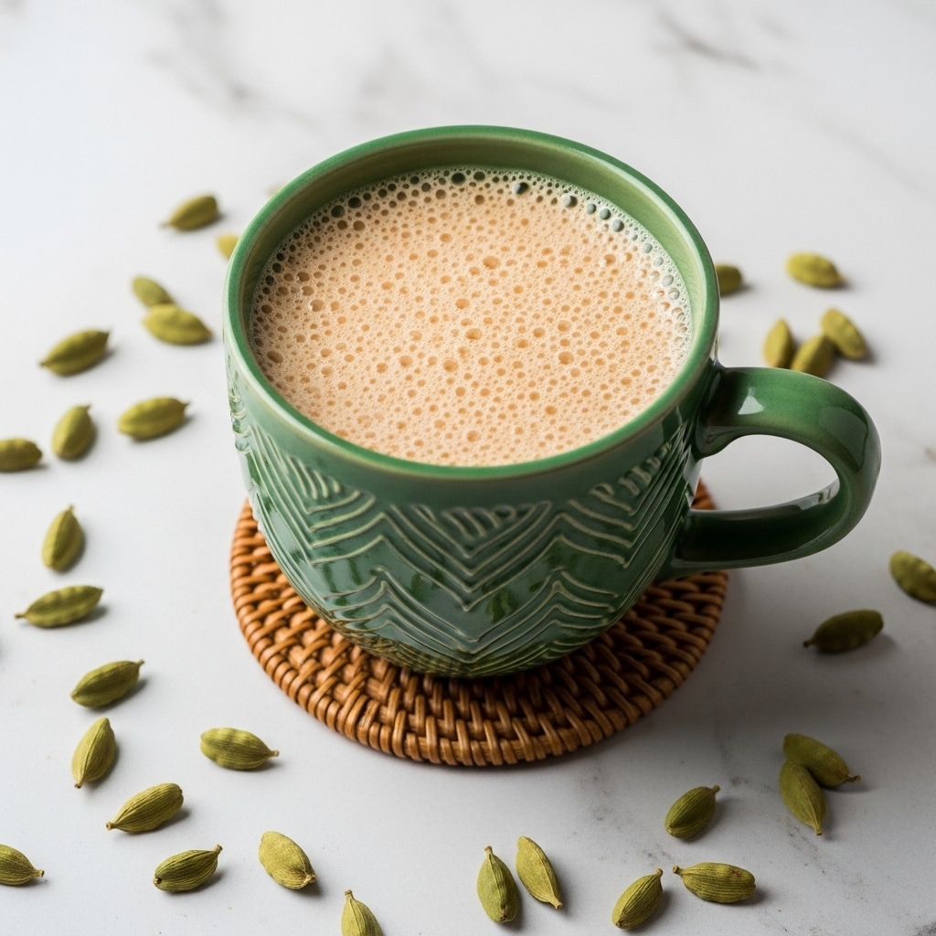 A green ceramic mug filled with light brown frothy tea, showing a creamy texture with small bubbles on the surface; the mug has a carved zigzag pattern and a handle to the right, sitting on a woven natural brown coaster. Surrounding the mug and coaster are several green cardamom pods scattered on a white marbled texture background. Photo taken with an iphone --ar 4:5 --v 7